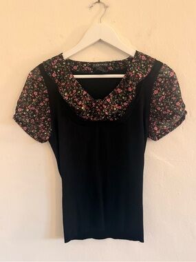 Vintage Rampage Black Knit Top with Floral Collar and Sleeves